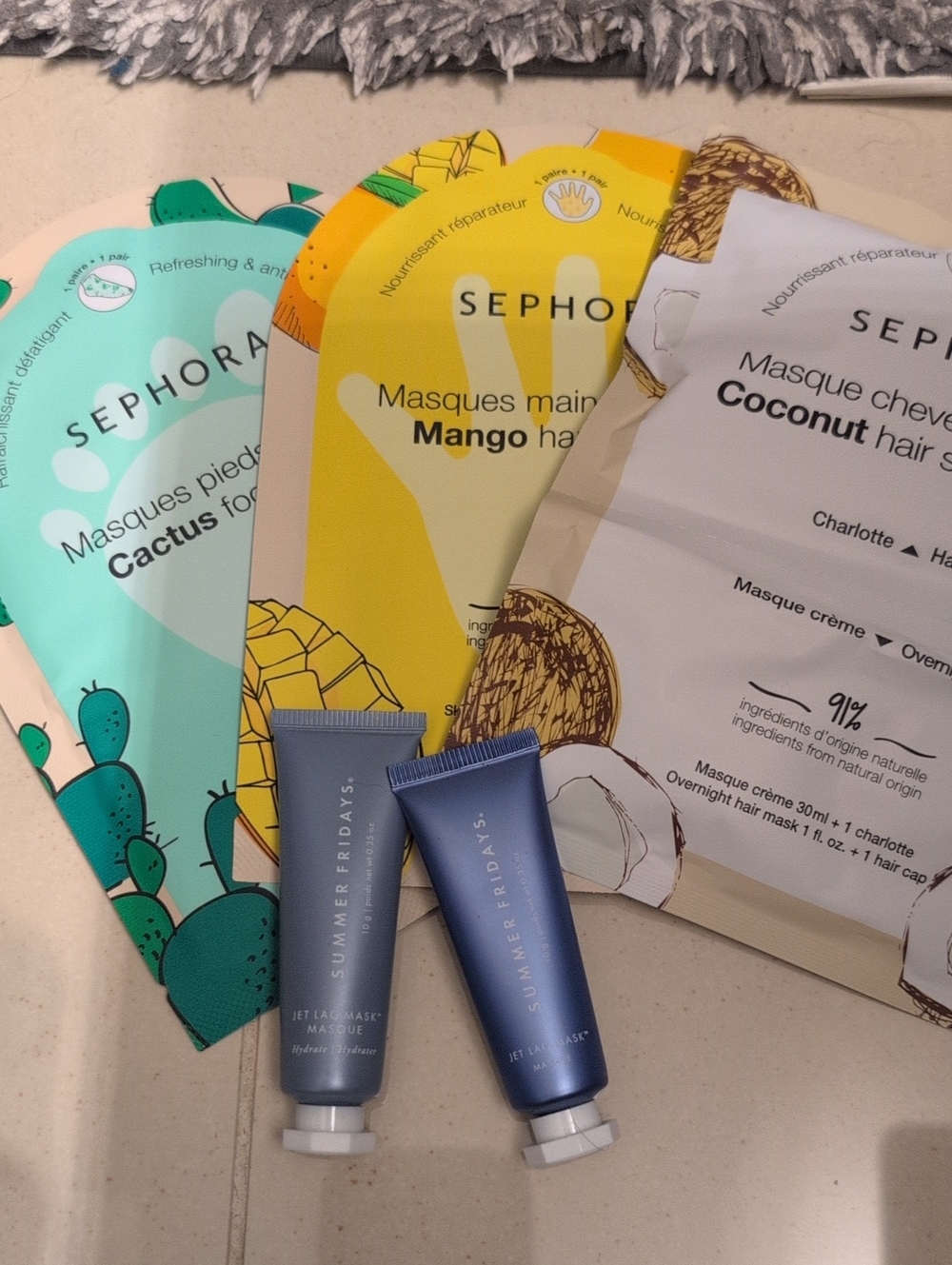 Sephora Hair mask, Hand mask And Foot mask With 2 summer Fridays Jet Lag Masks